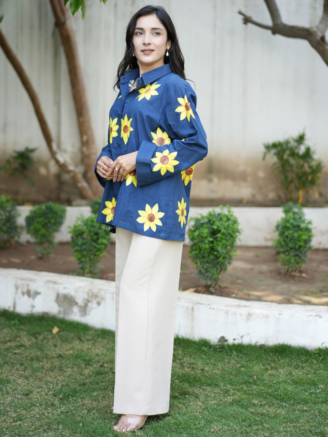 OCTOBER Deep Sea Handpainted Sunflowers Cotton Shirt