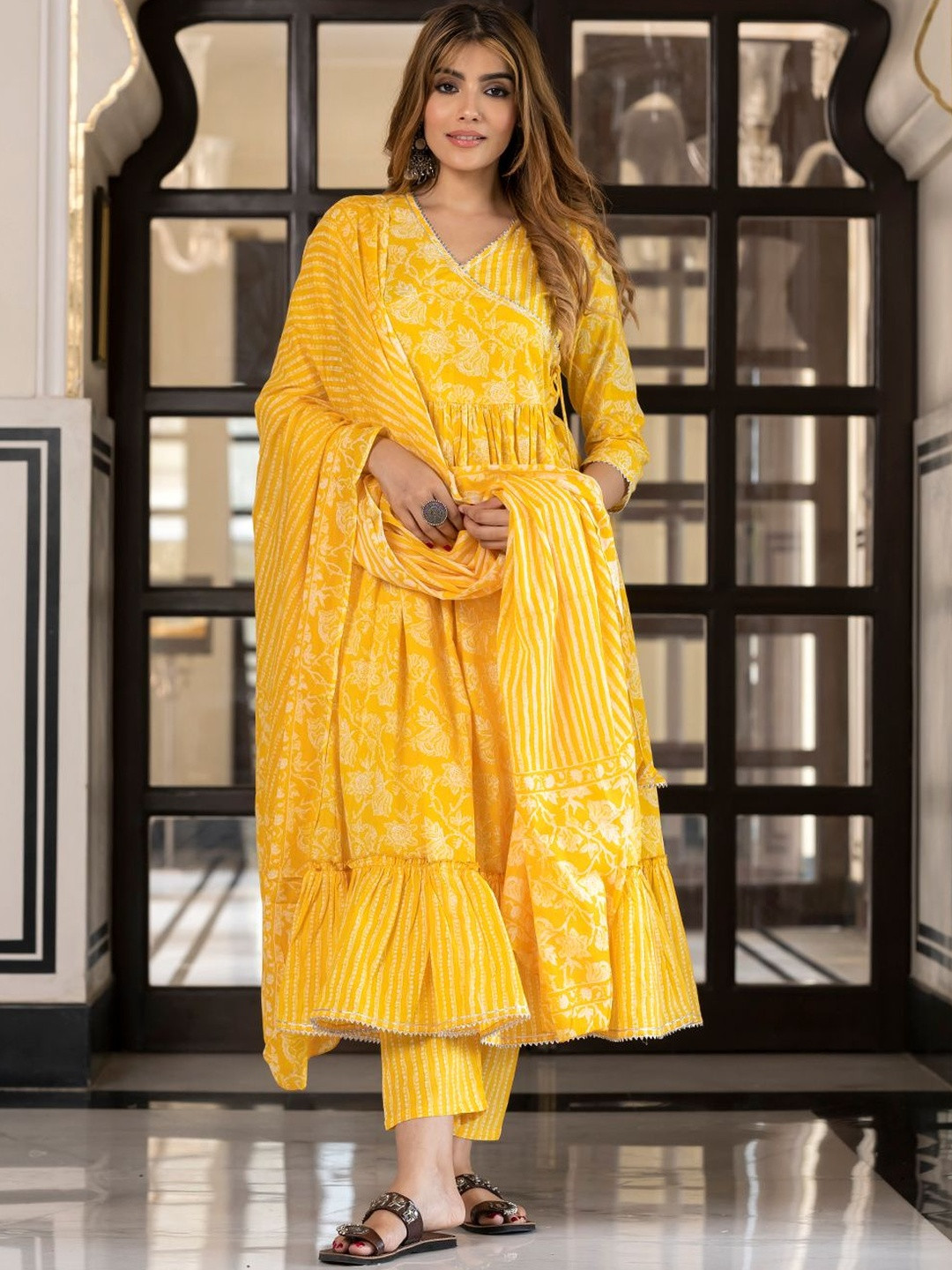 Kalini Women Yellow Pure Cotton Anarkali Kurta & Bottom With Dupatta