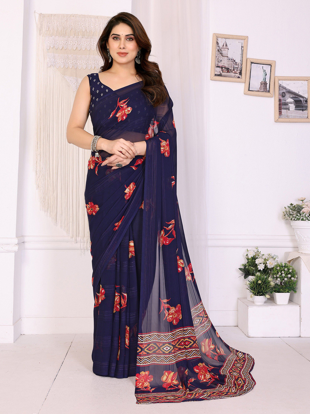 BilloRani Floral Printed Pure Chiffon Saree