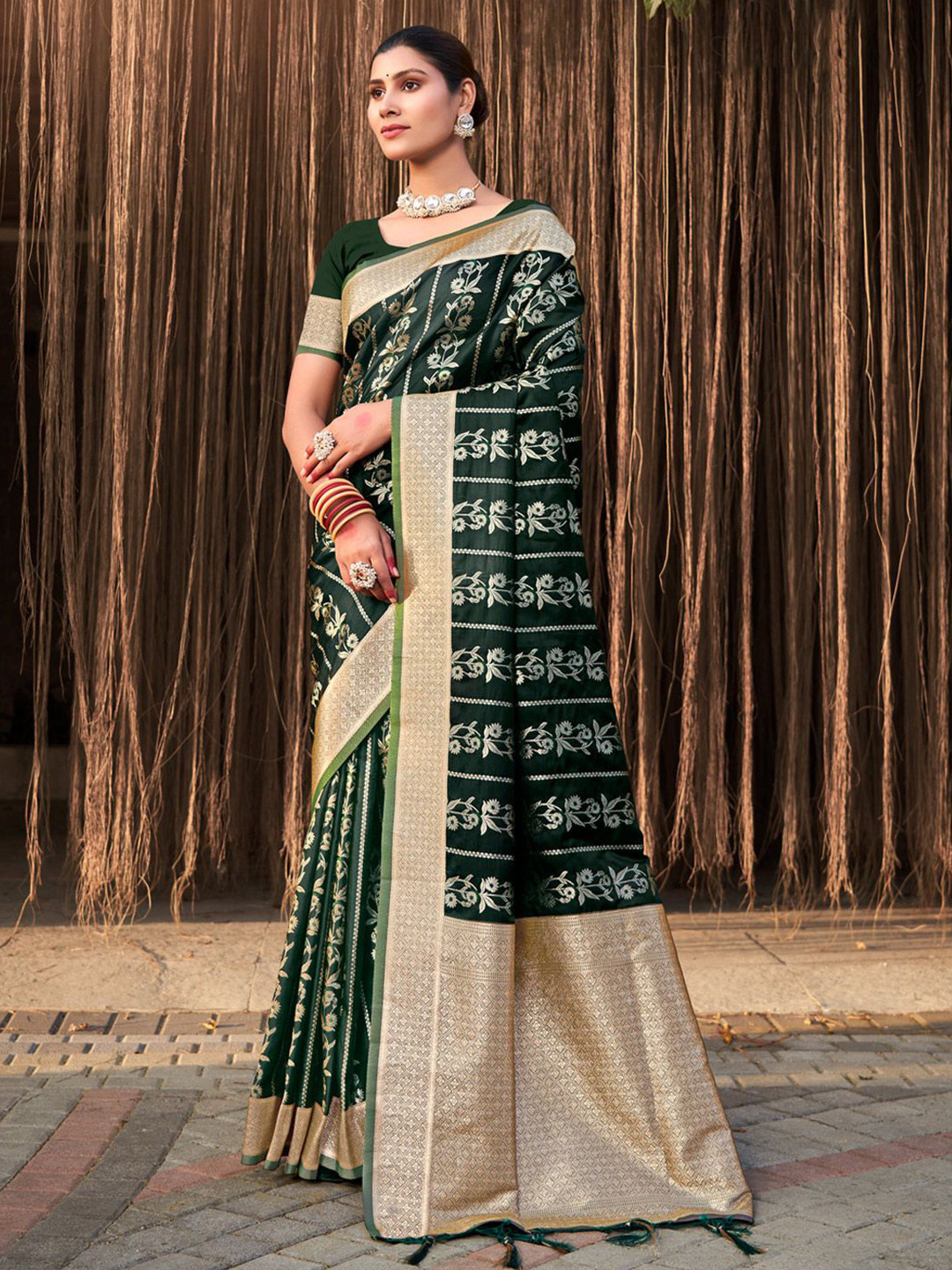DEVATITHI Women Woven Design Zari Dark Green Satin Silk Saree