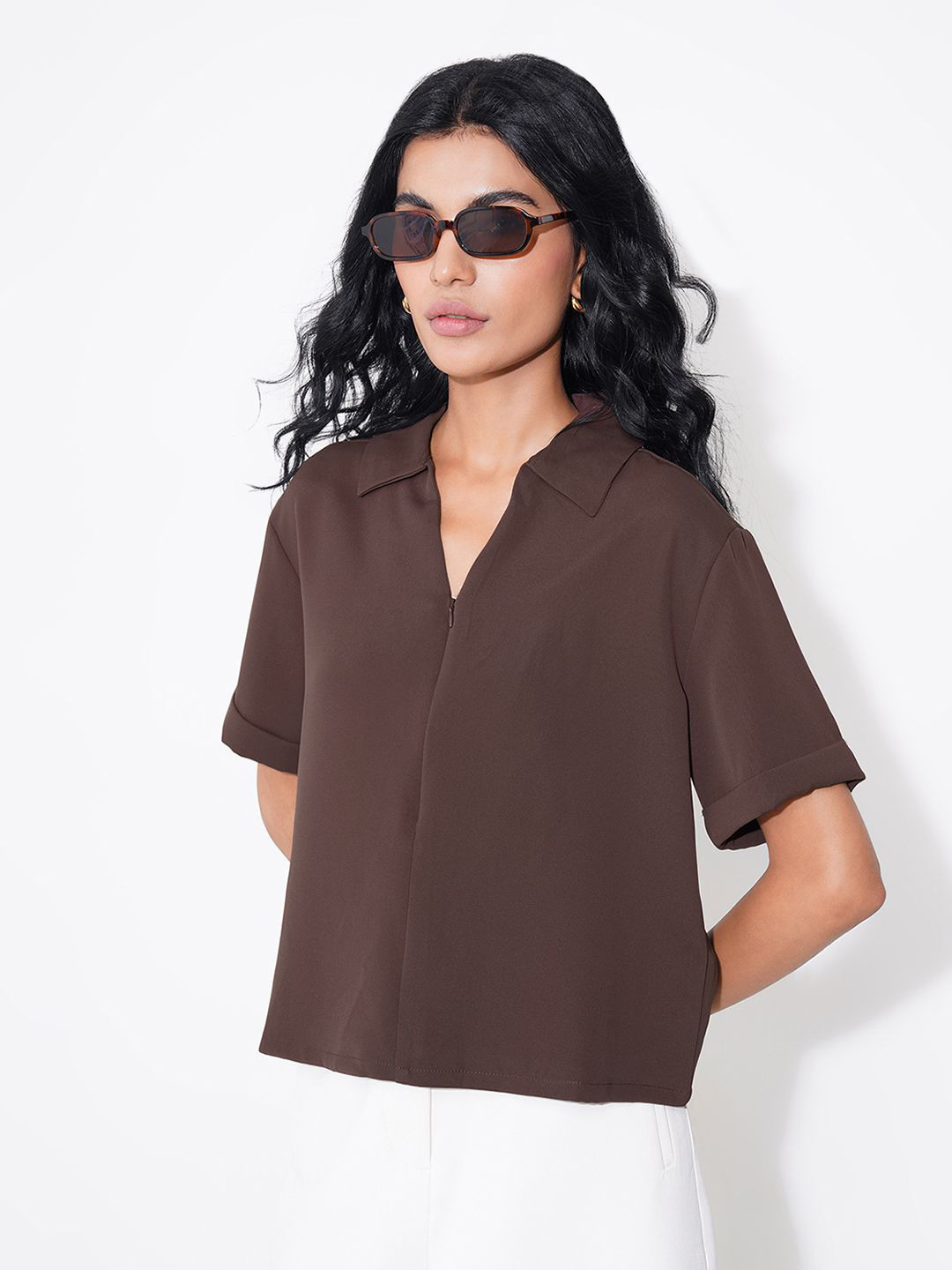 Annabelle by Pantaloons Women Shirt Collar Half Zipper Regular Boxy Top