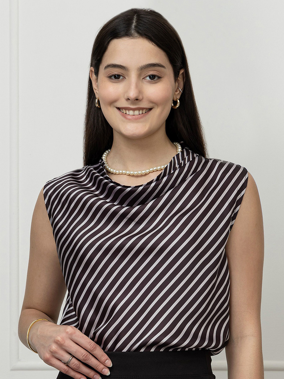 PURYS WORKSPACE Women Striped Cowl Neck Satin Top