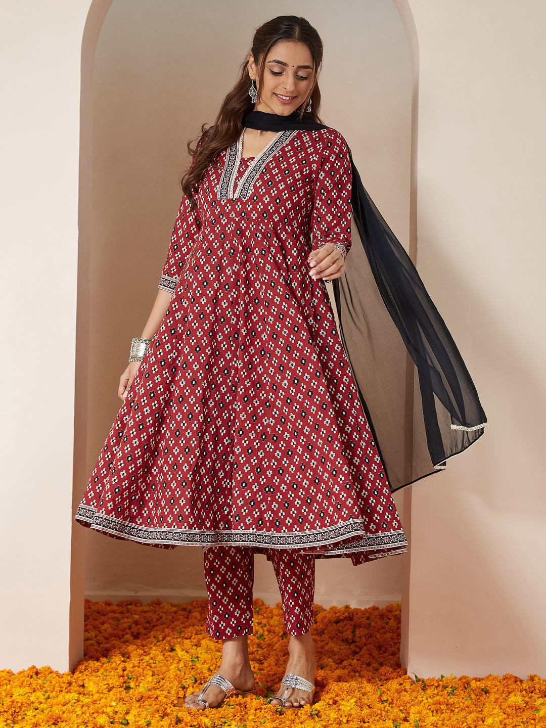 Janasya Women Maroon Ikkat Printed Anarkali Pure Cotton Kurta Set