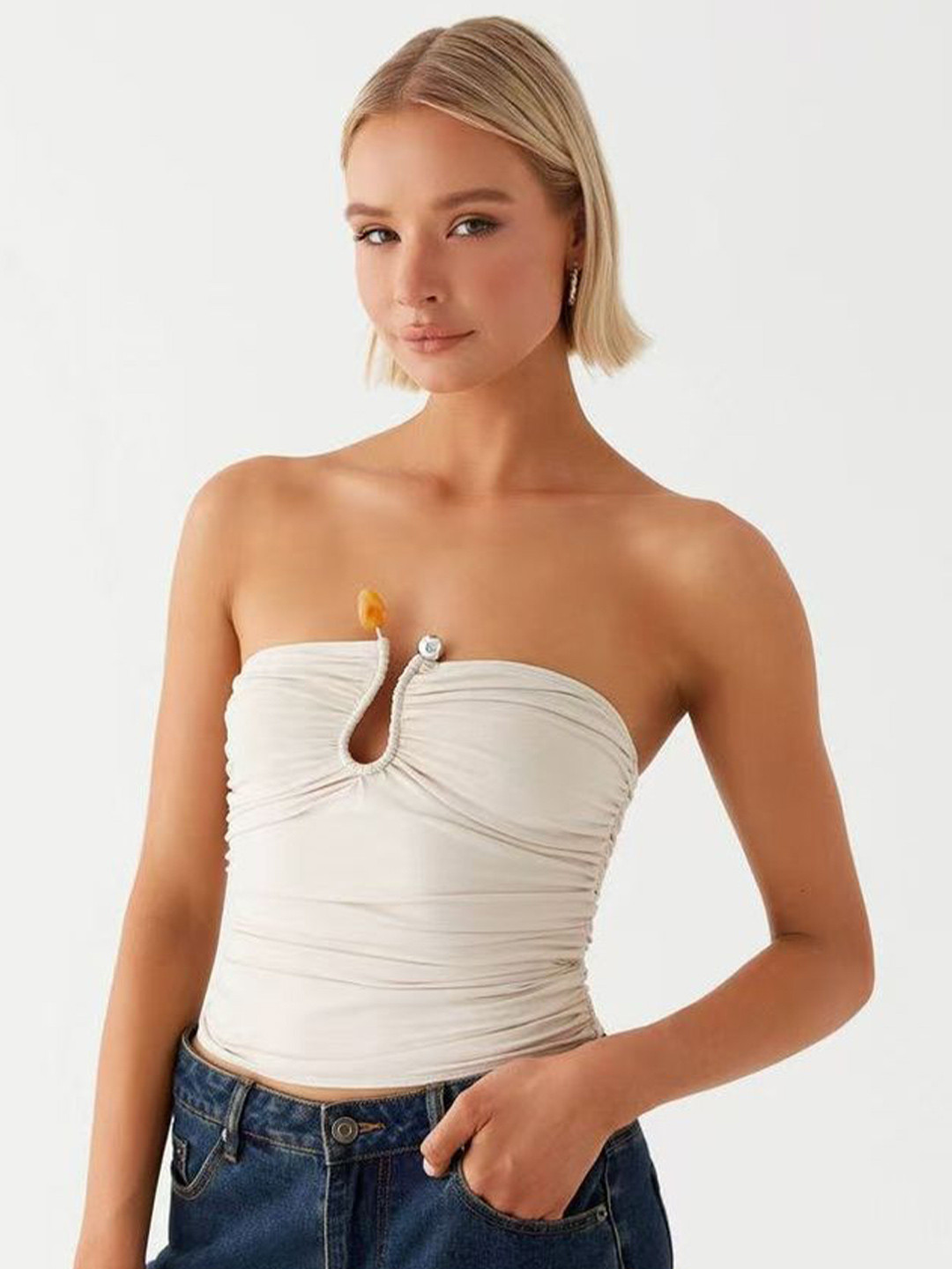 LULU & SKY Women Ruched Beaded Tube Crop Top