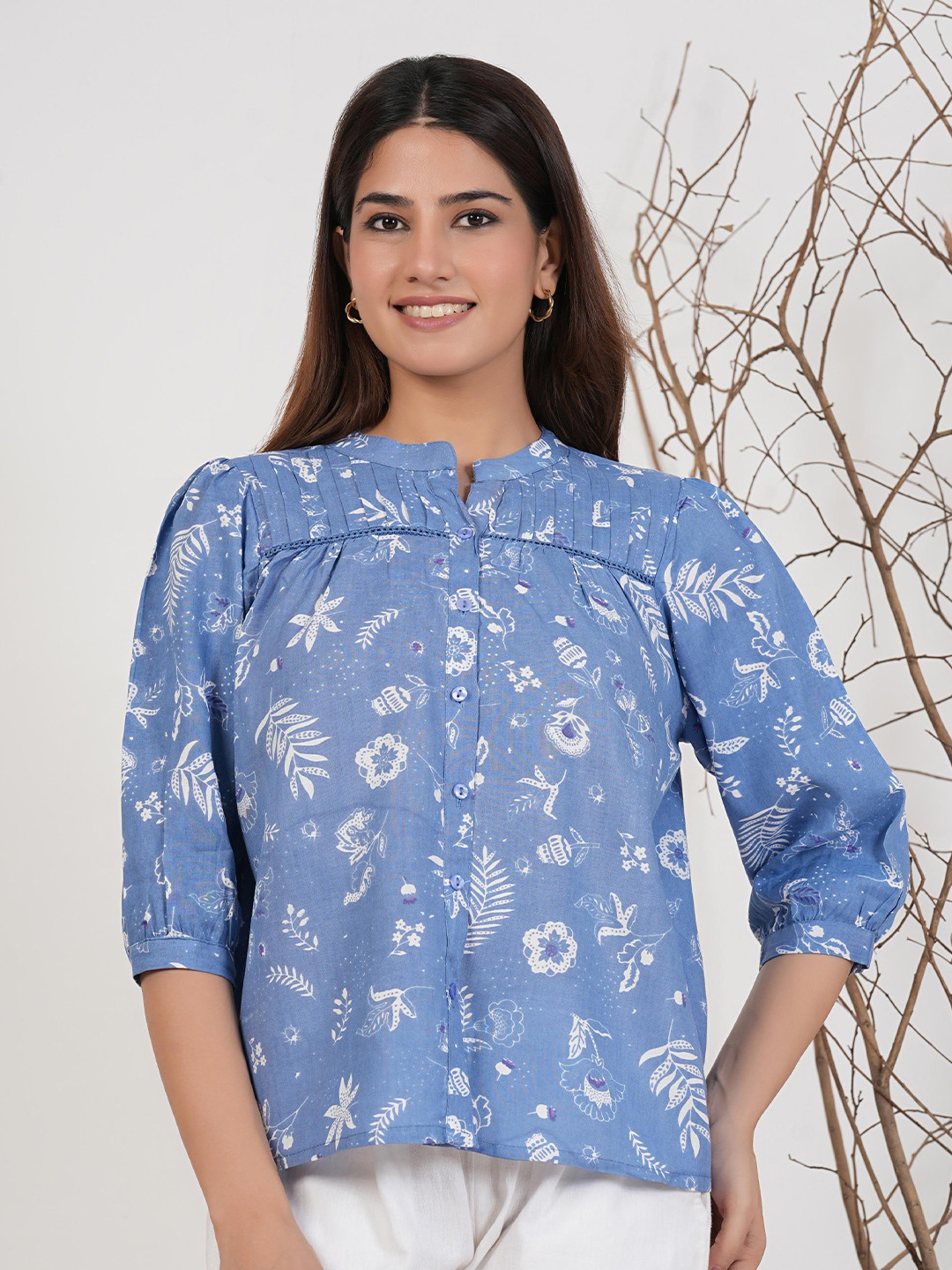Fab8Sight Women Comfort Fit Floral Printed Mandarin Collar Cotton Casual Shirt