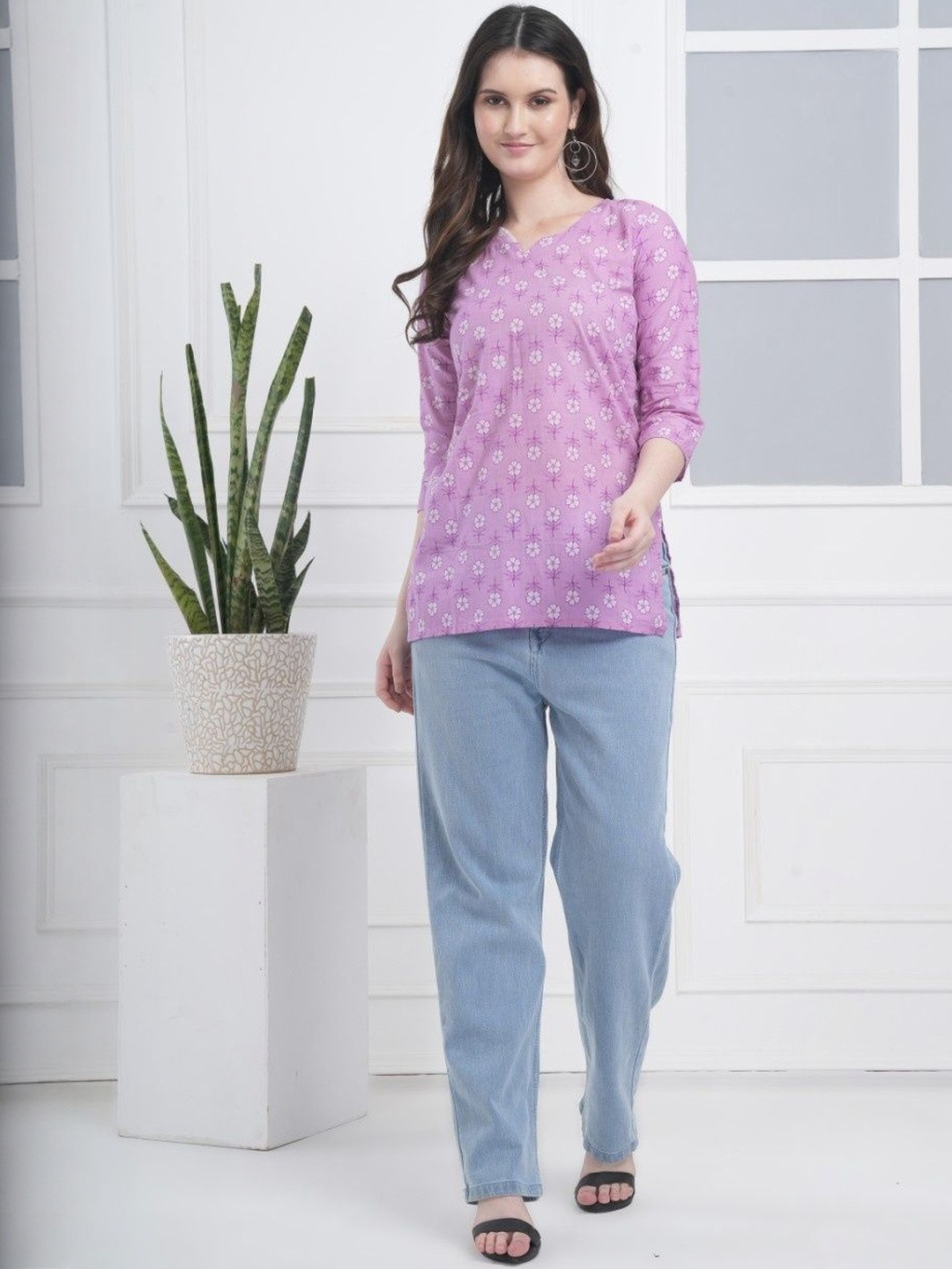 DESIGNER DHAAGE Women Lavender Floral Printed Pure Cotton Kurti