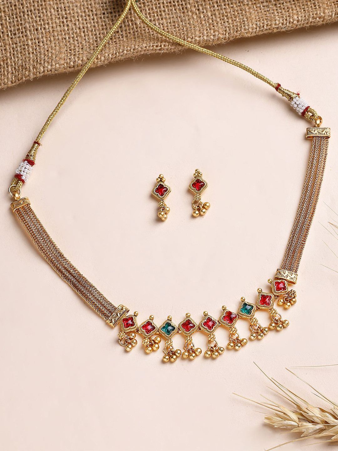 KARATCART Gold-Plated Red and Green Square Stone Necklace with Earring Set