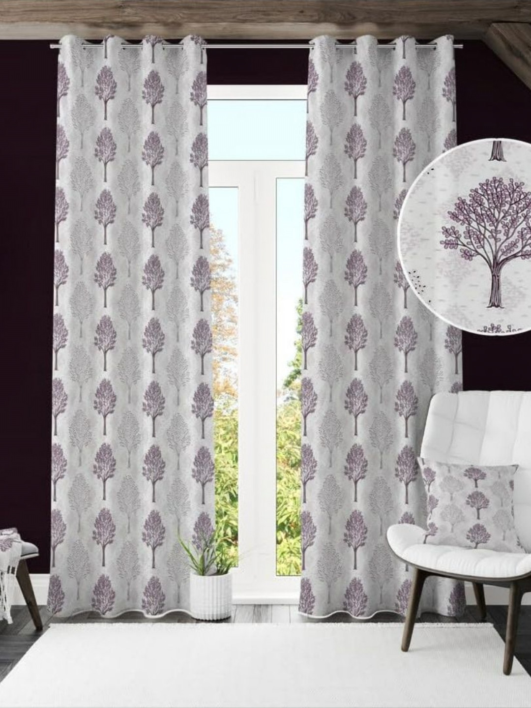 UrbanArts Violet And White 2 Pieces Floral Printed Room Darkening Door Curtains