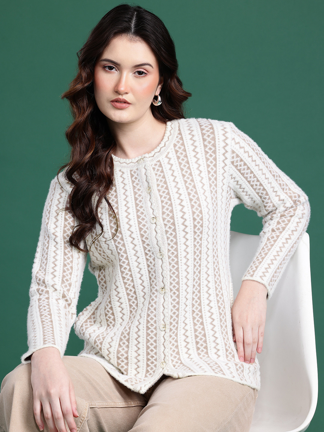 Cayman Self Design Geometric Front-Open Woollen Cardigan