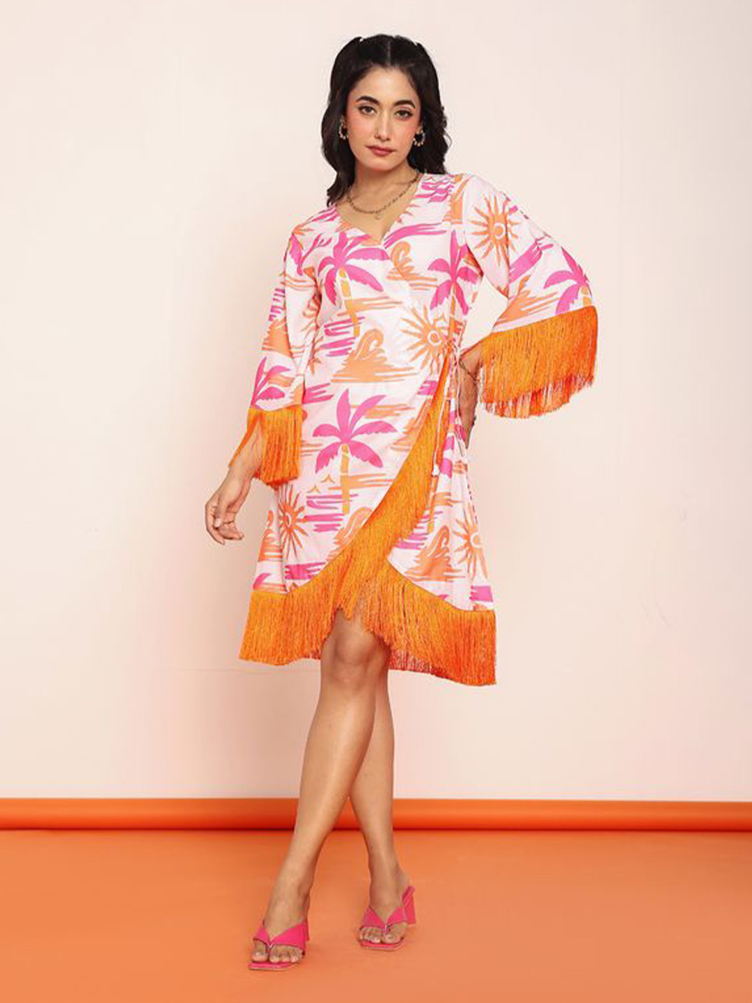 LOVEPRASHA Women Floral Printed V-Neck Georgette Wrap Dress