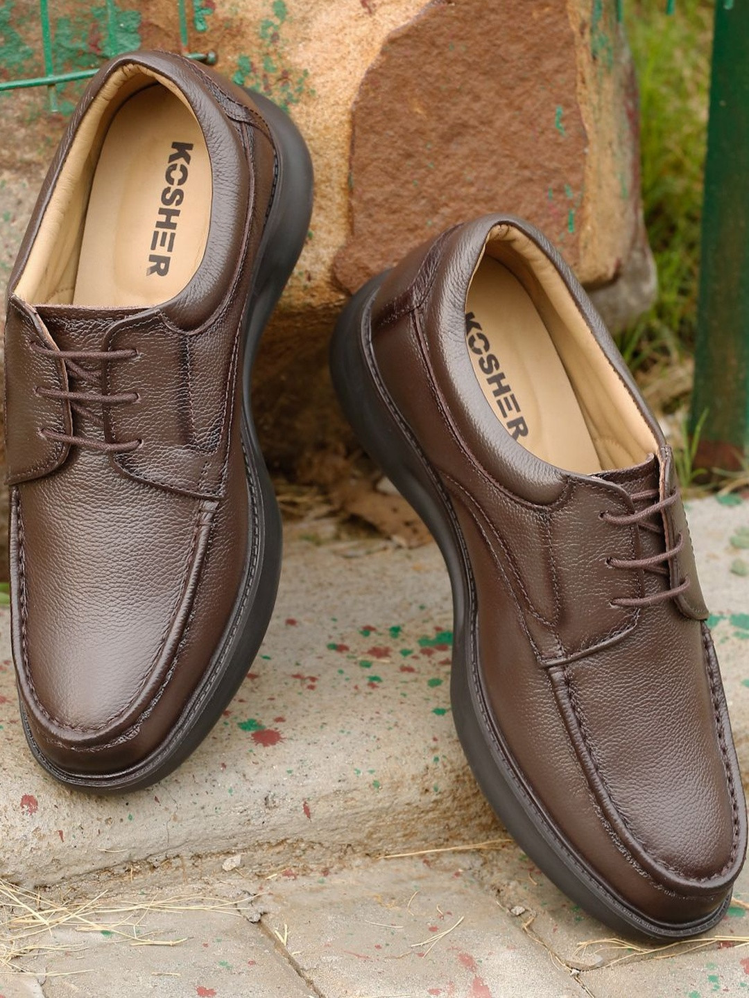 Kosher Men Brown Leather Derby Shoes