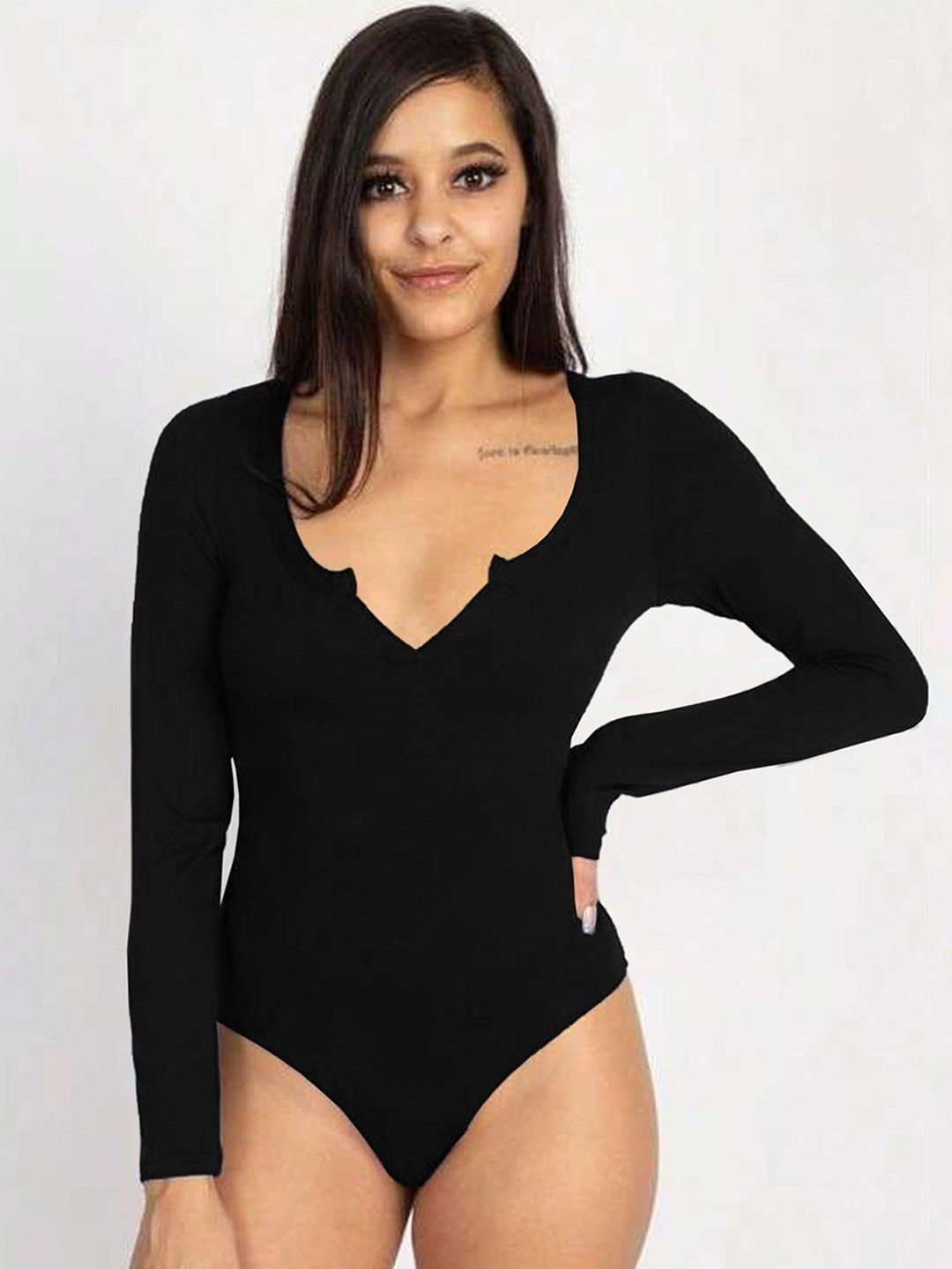 Outzidr Women Full Sleeved Scoop V-Neck Bodysuit