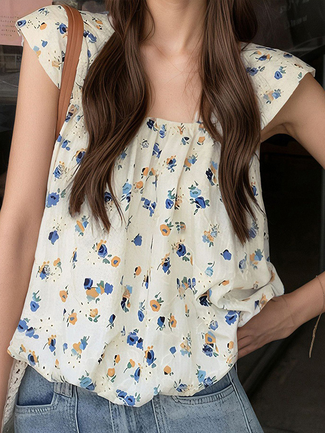 LULU & SKY Women Abstract Printed Cap Sleeves Balloon Top