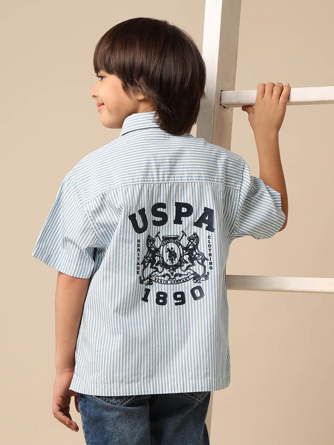 U.S. Polo Assn. Kids Boys Boxy Fit Vertical Striped Spread Collar Pure Cotton Casual Shirt