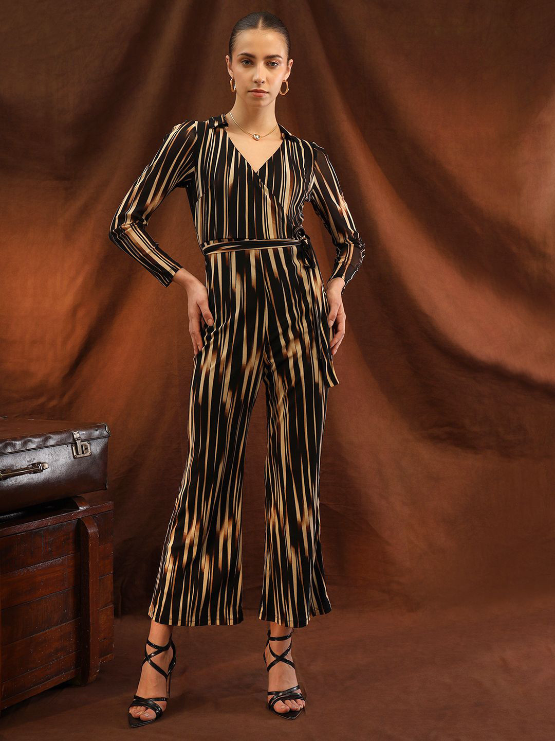 Kazo Striped Shirt Collar Basic Retro Jumpsuit