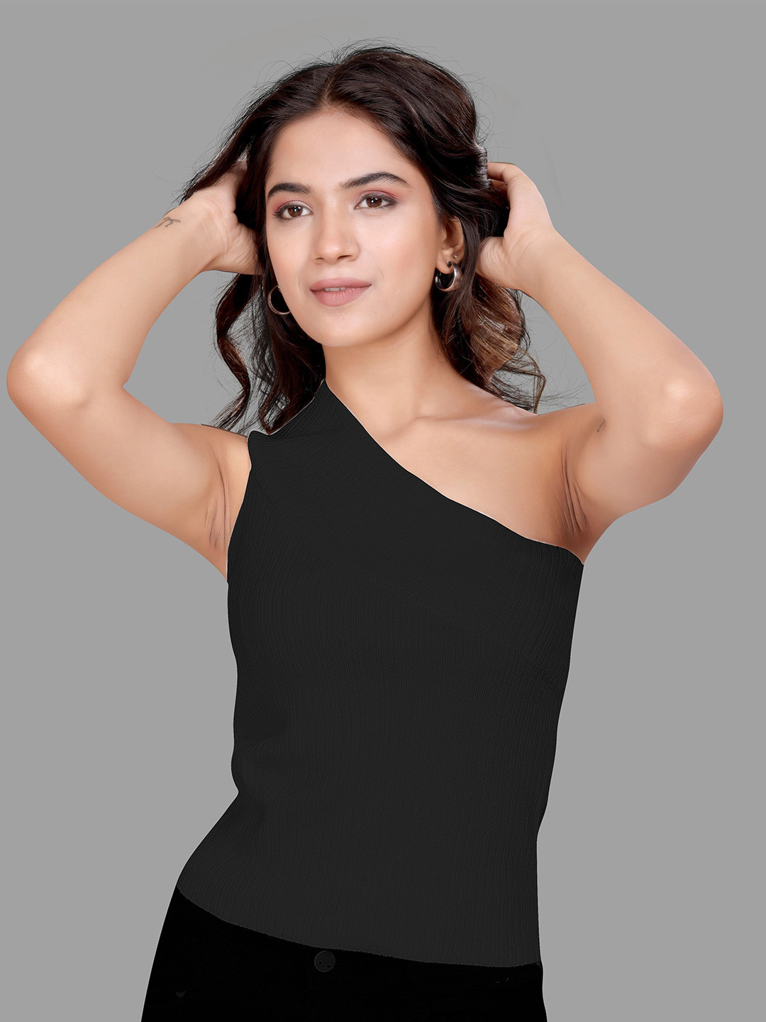 Madborn Creation Women One-Shoulder Ribbed Knit Top
