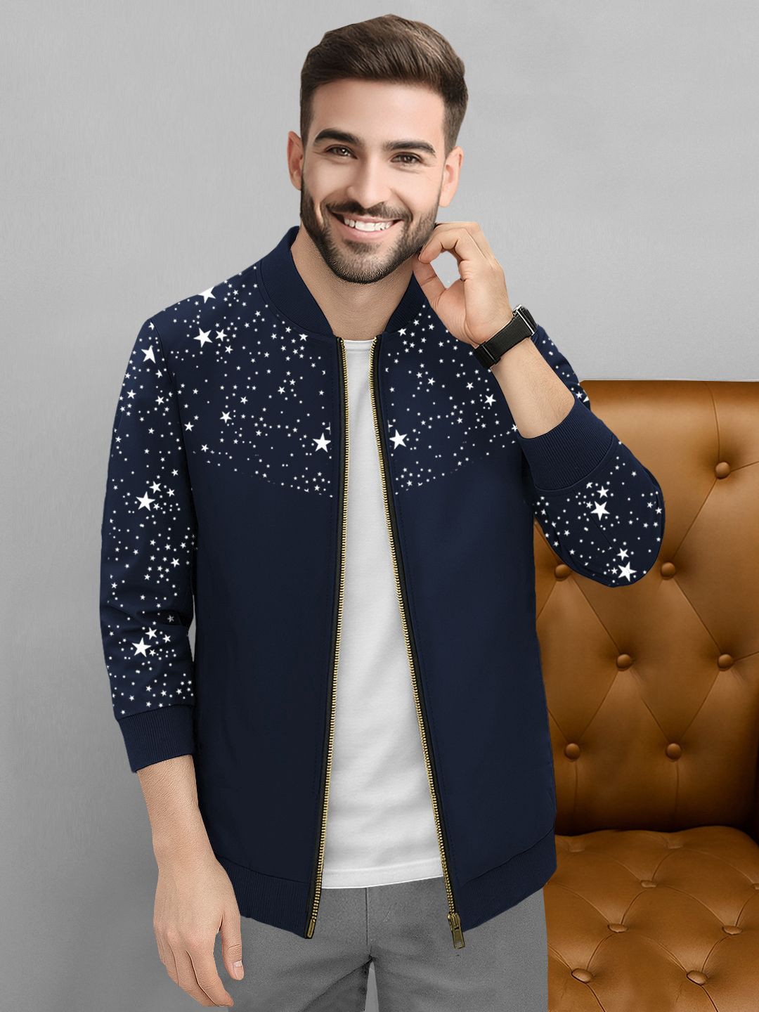 TRIPR Men Navy Blue Graphic Print Bomber Jacket