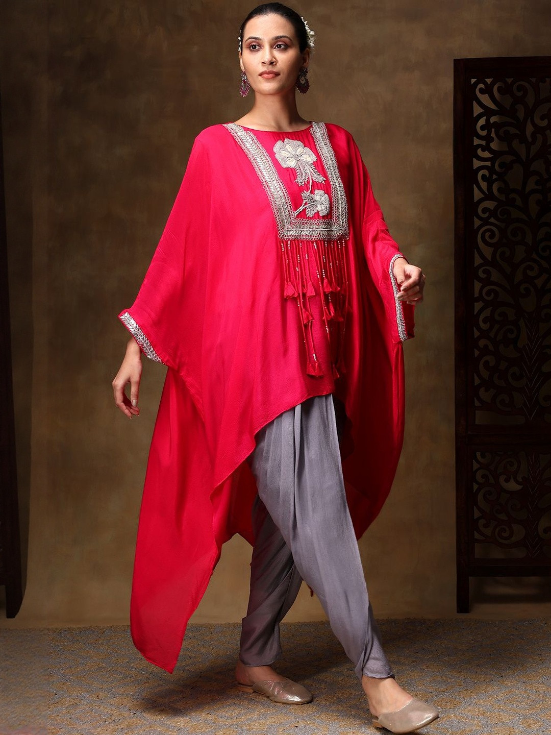 QAIYNAT Women Floral Embroidered Regular Thread Work Kurta with Dhoti Pants