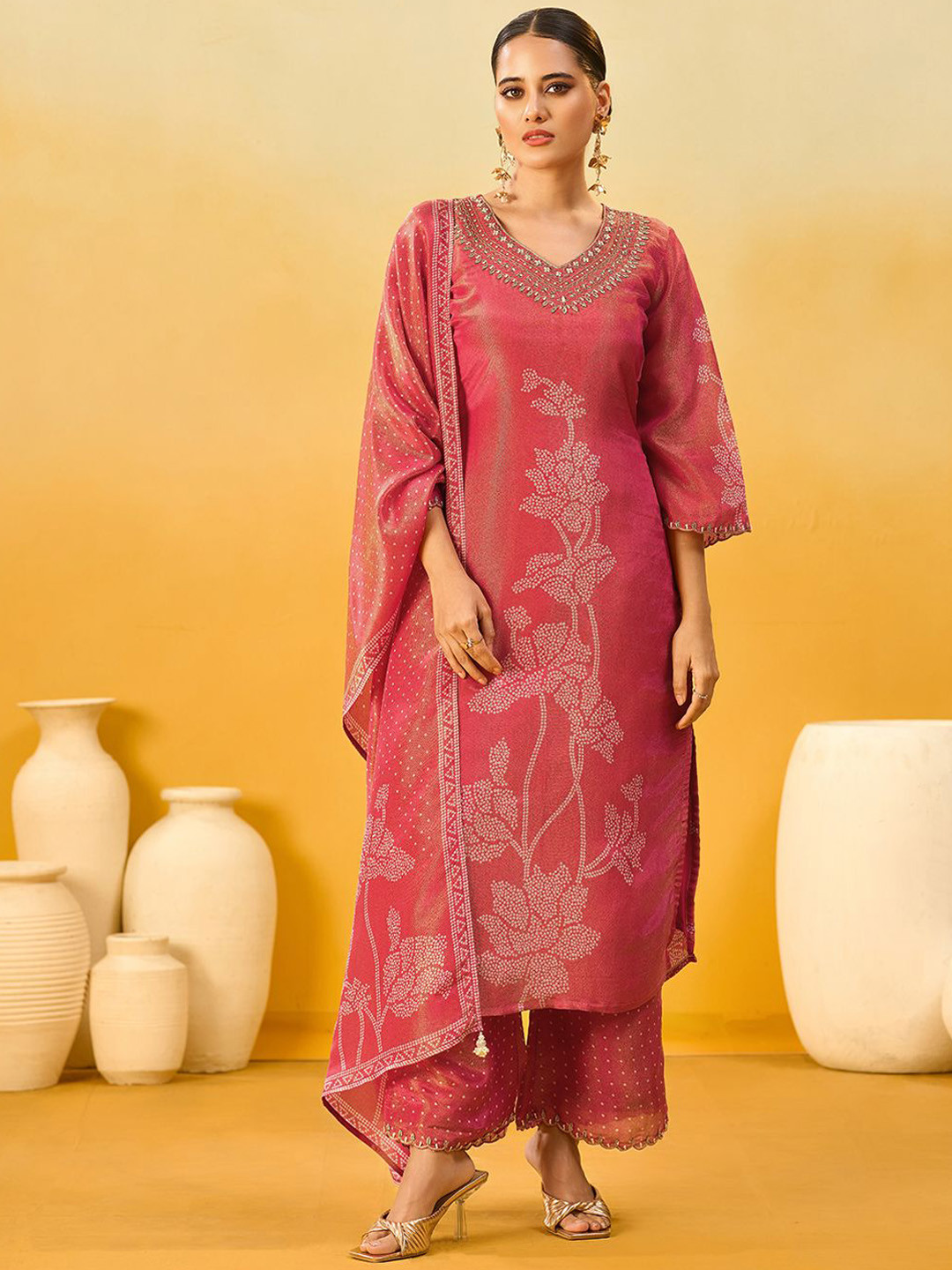 Shaily Floral Embroidered Beads And Stones Silk Kurta With Trousers & Dupatta