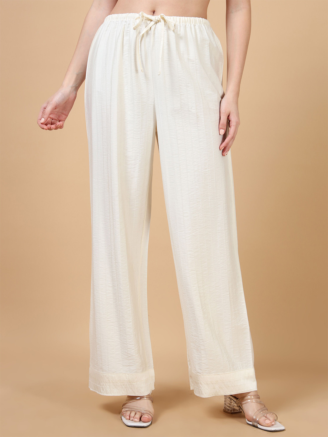 Glam & Chique Women Striped Palazzo Pants with Tie-Up Waist