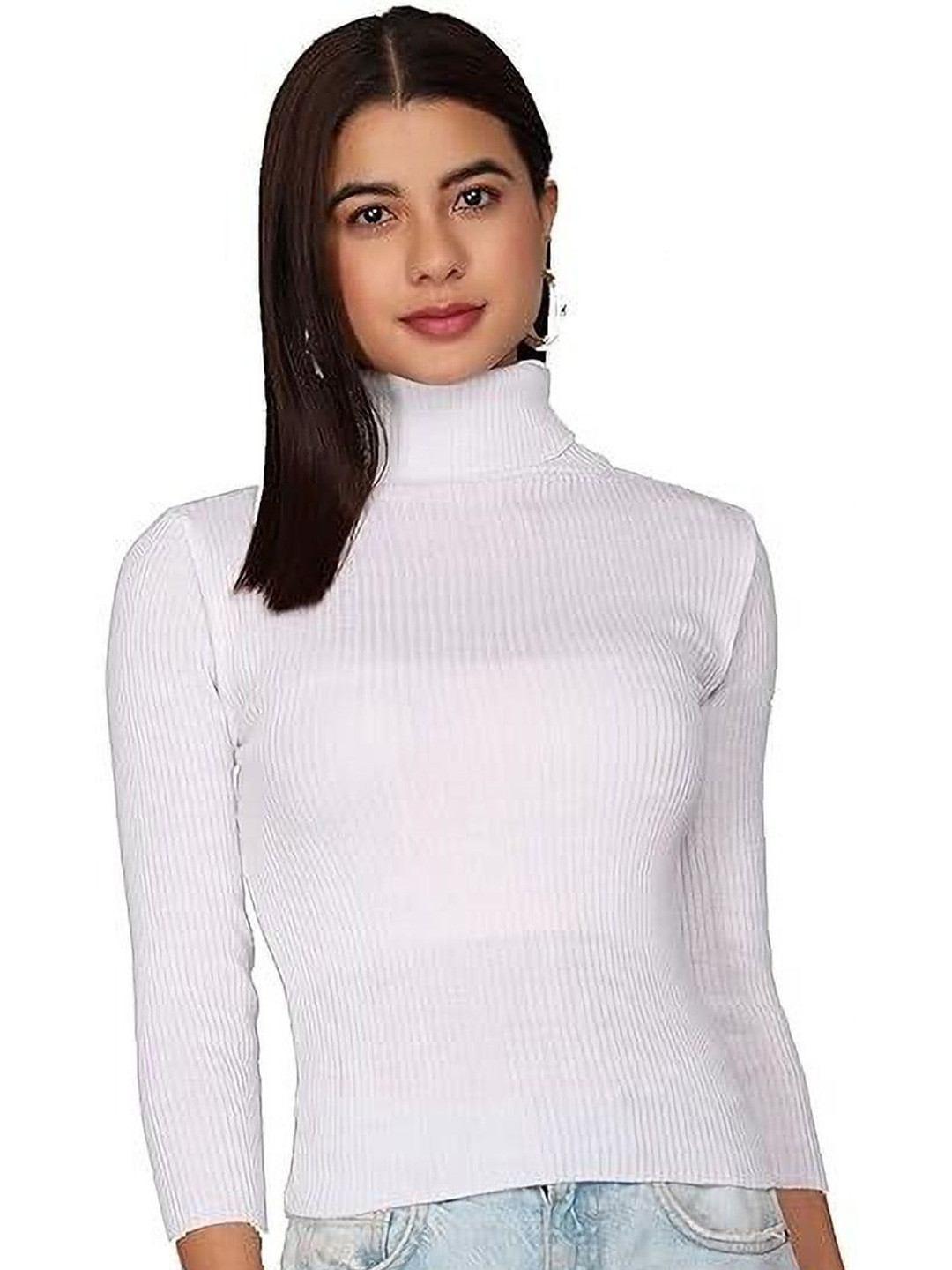 White High Neck Solid Fitted Top