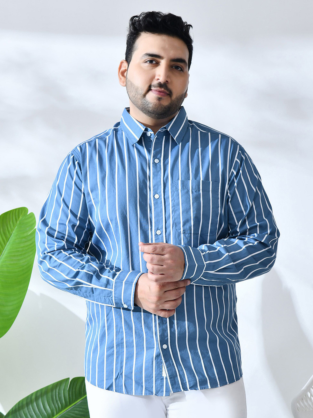 NEON CHILLIE Men Plus Size Vertical Striped Spread Collar Cotton Casual Shirt