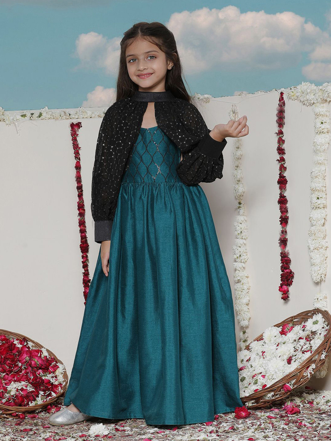JBN Creation Girls Embellished Sequenced Silk Puff Sleeve Maxi Dress