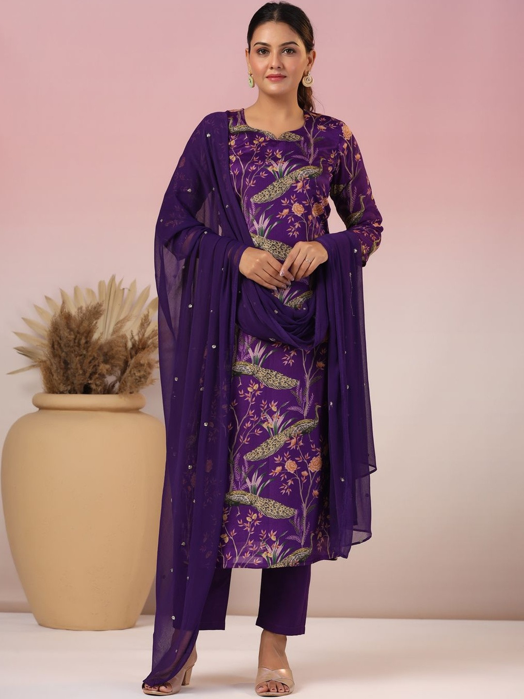 Aaghnya Women's Begani Rayon Printed Straight Kurta Set With Dupatta