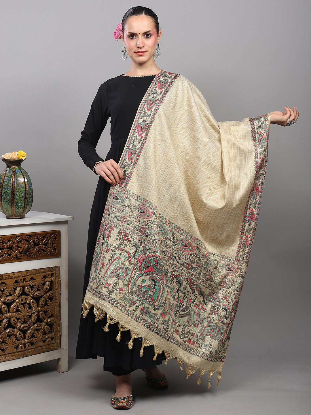Exotic India Madhubani Art Khadi Cotton Shawl With Printed Palanquin & Peacocks Border