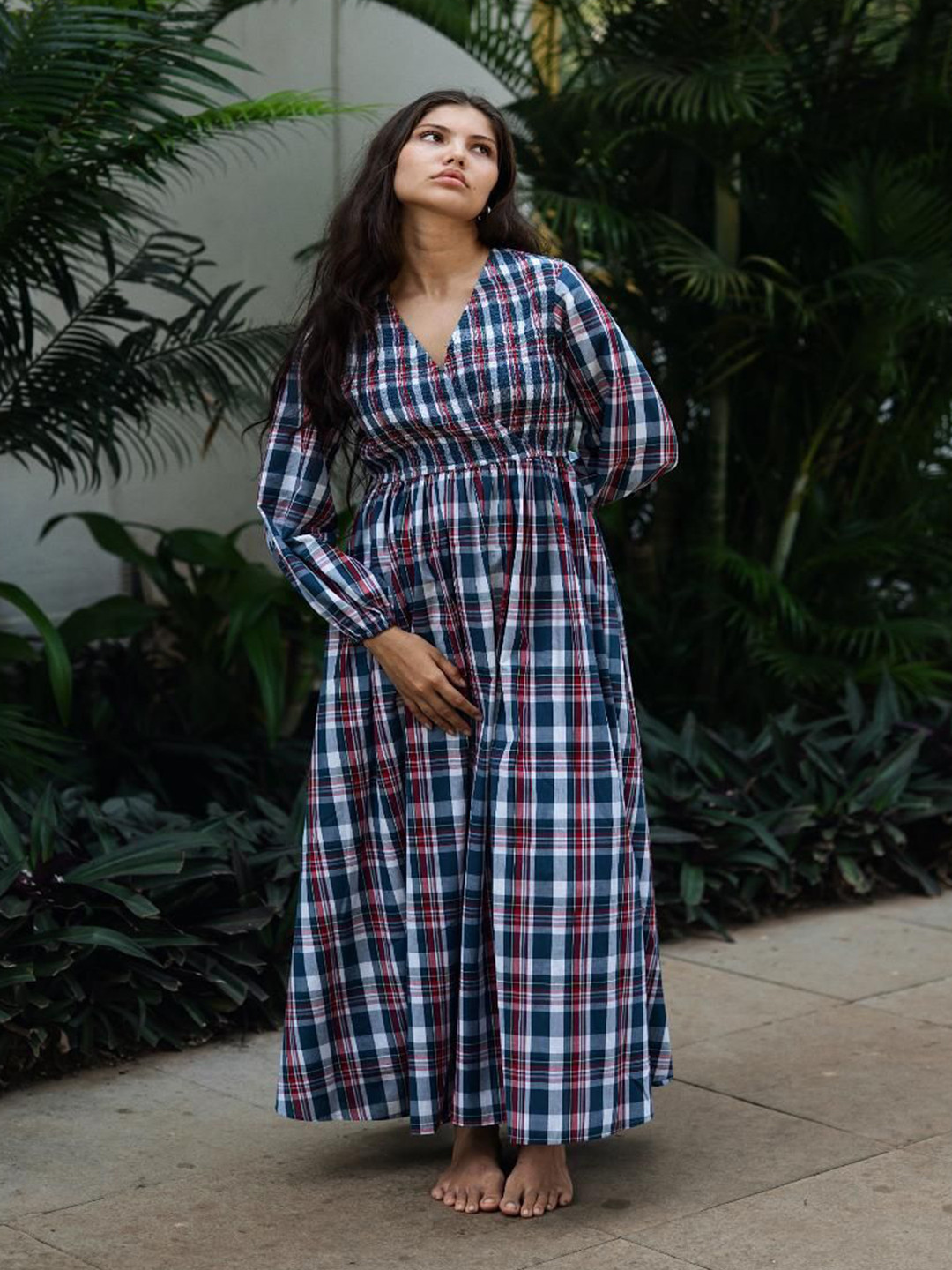 RAAS LIFE Women Checked Long Sleeve Fit and Flare Midi Dress