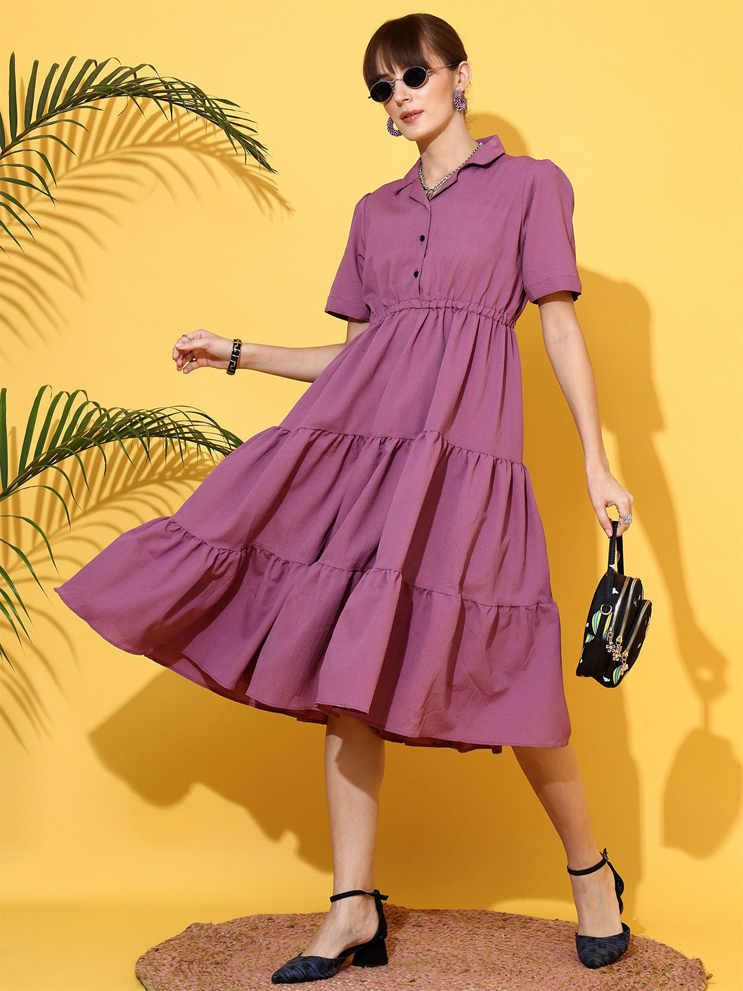 Honky Tonky Women Tiered Shirt Collar Puff Sleeves Crepe Fit & Flare Midi Dress