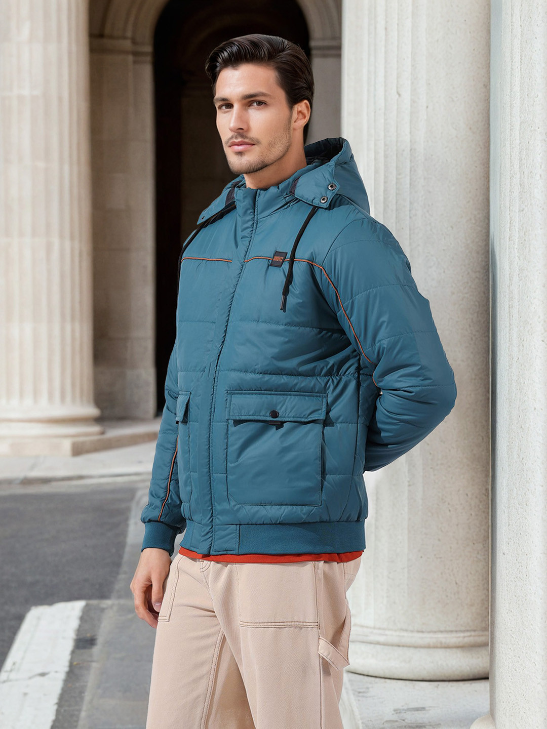 The Indian Garage Co Men Men Regular Fit Badges Hooded Puffer Jacket