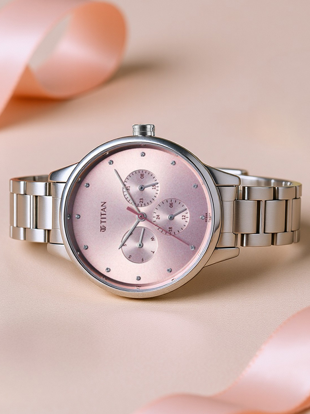 Titan Women Brass Embellished Dial & Stainless Steel Bracelet Style Straps Analogue Watch 2648SM13