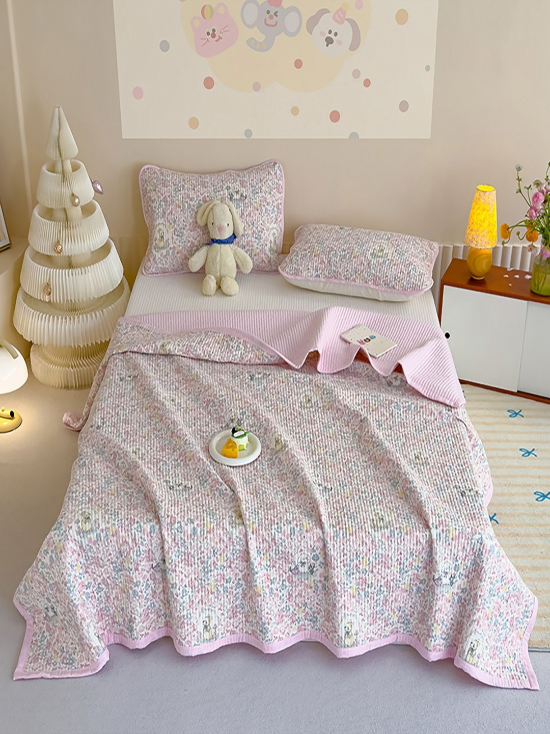 JC HOME Set Of 3 Pink & Blue Floral Printed 162 TC Double Queen Bed & Pillow Covers