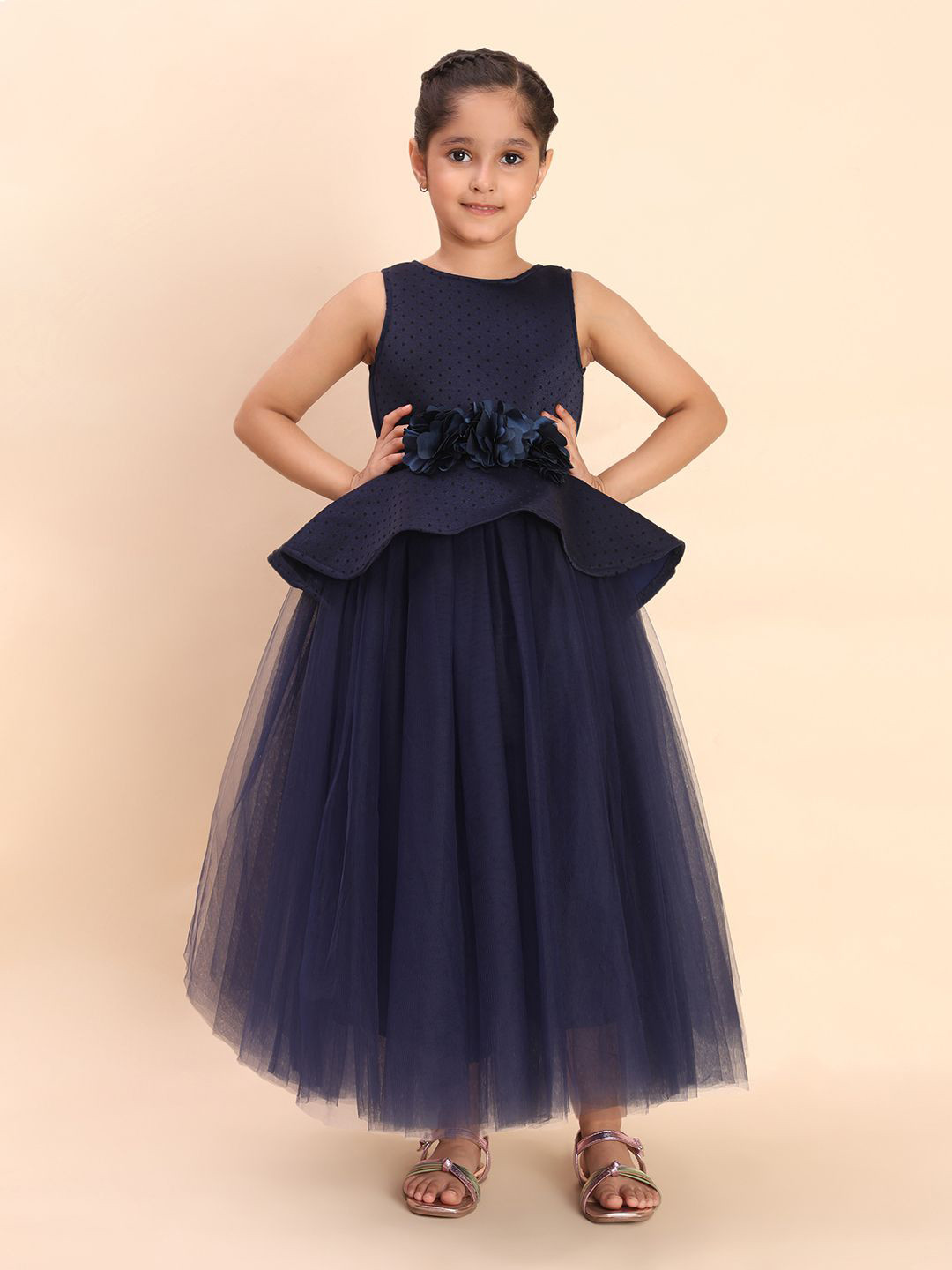 Toy Balloon kids Girls Self Design Sleeveless Cotton Fit & Flare Maxi Dress With Applique