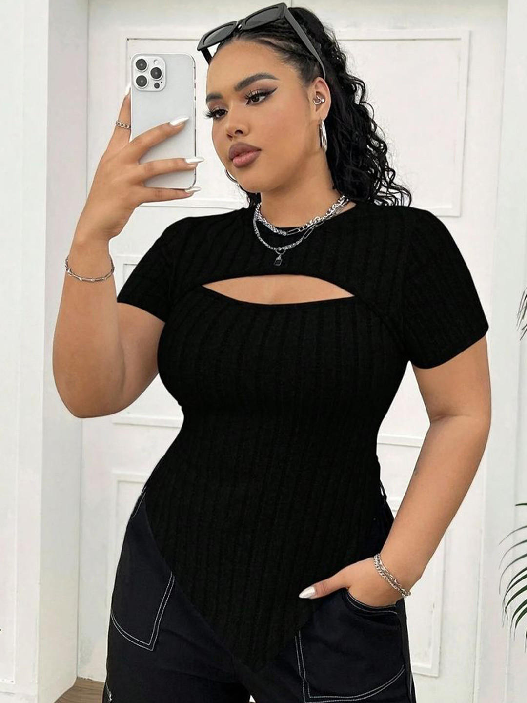 LULU & SKY Plus Size Ribbed Cut Out Detail Longline Top