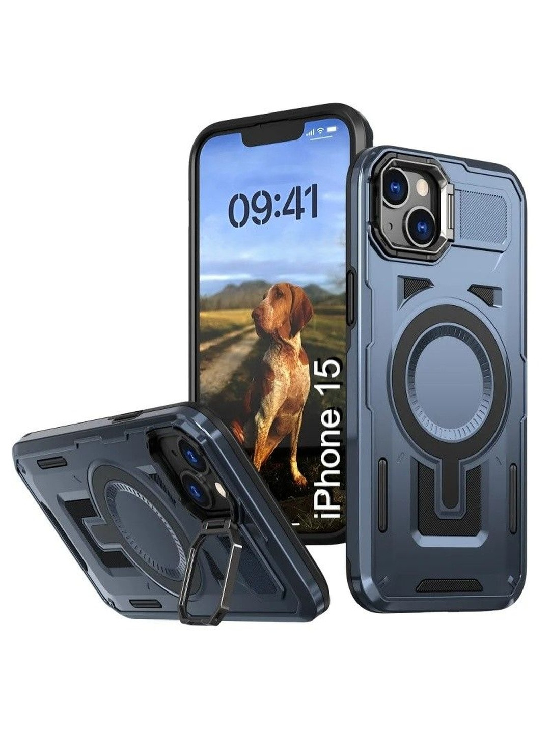 Luxury Kase Rugged Shockproof iPhone 15 Magnetic Back Case with Kickstand