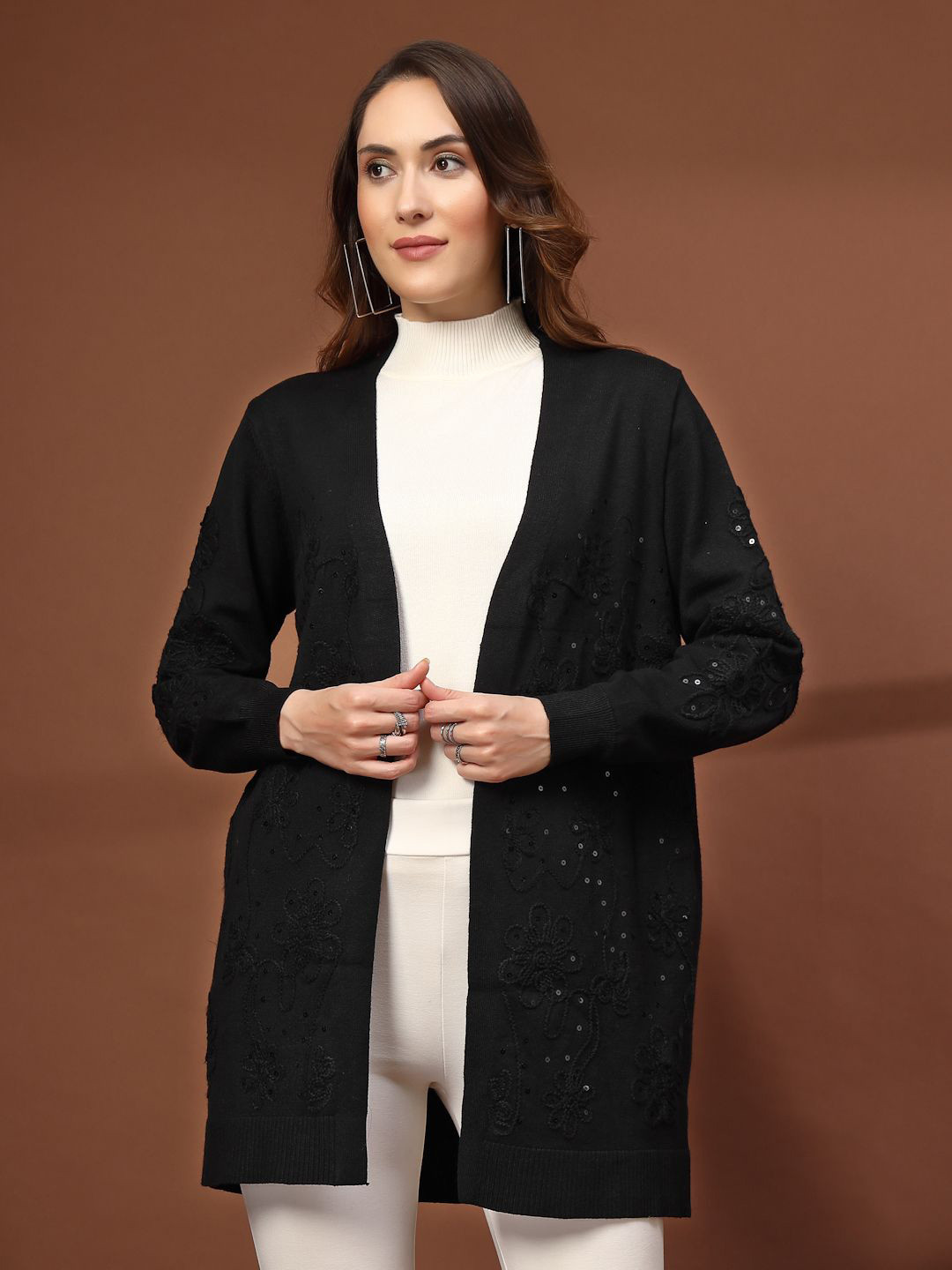Mafadeny Women Open Front Embroidered Long Sleeve Shrug