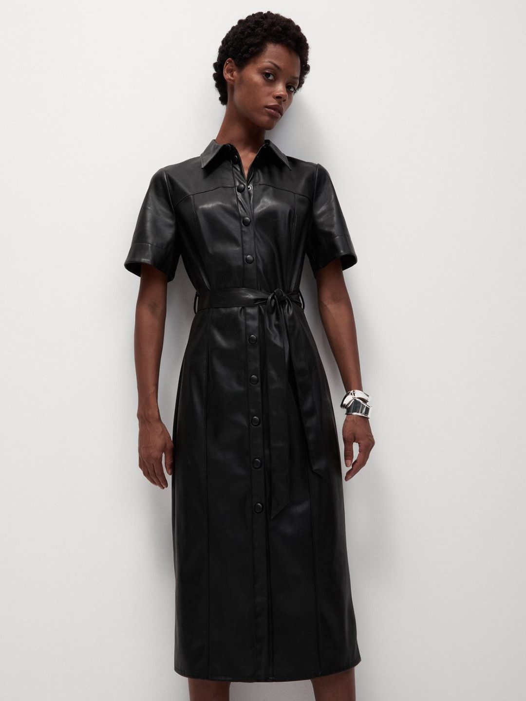 Marks & Spencer Women Belted Leather Shirt Collar Shirt Dress