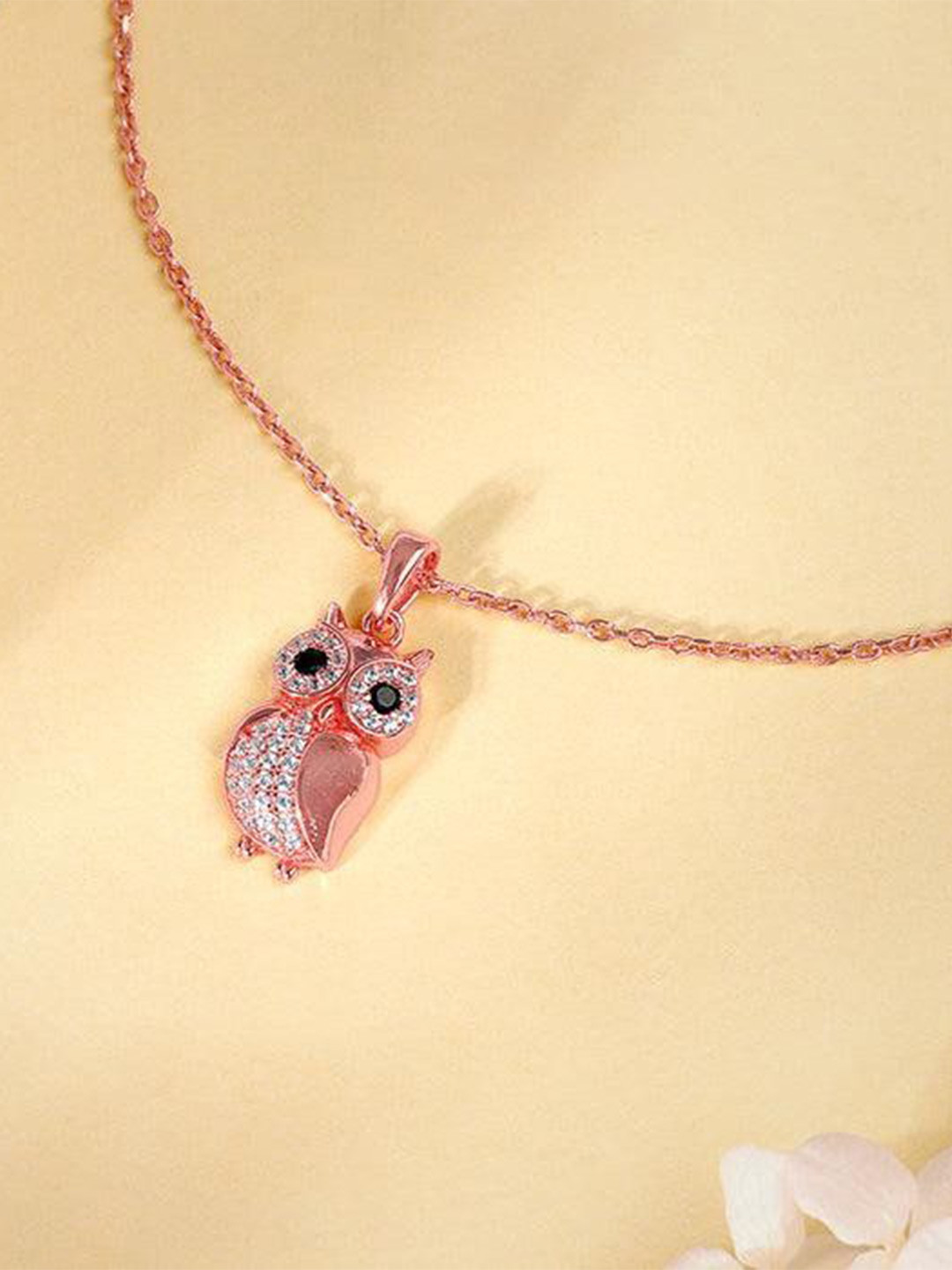 GIVA 925 Silver Rose Gold-Plated Owl Shaped Artificial Stones Studded Pendant With Chain