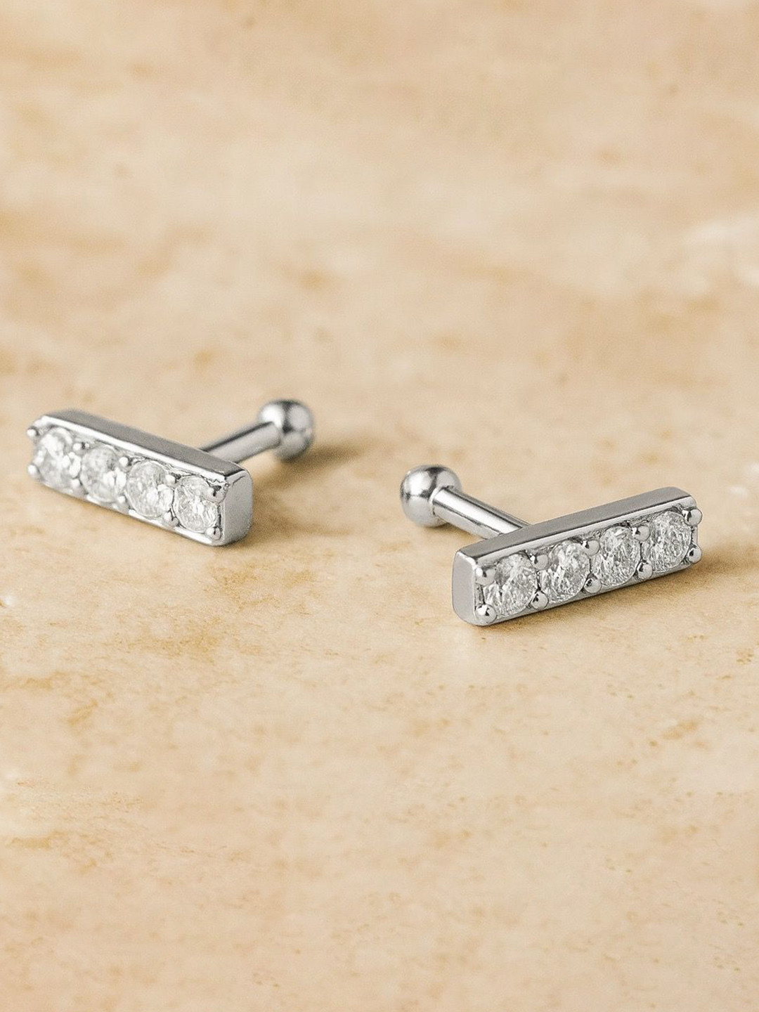 Anushka Jain Jewellery 925 Sterling Silver Diamond Bar Studs Earrings