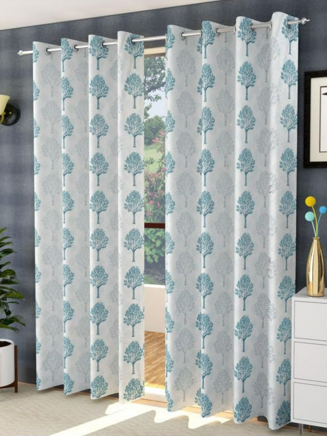UrbanArts Blue And White 2 Pieces Floral Printed Room Darkening Window Curtains