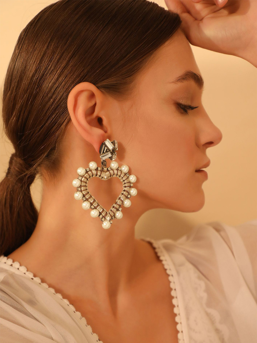 LULU & SKY Artificial Stones Studded & Pearls Beaded Heart Shaped Drop Earrings