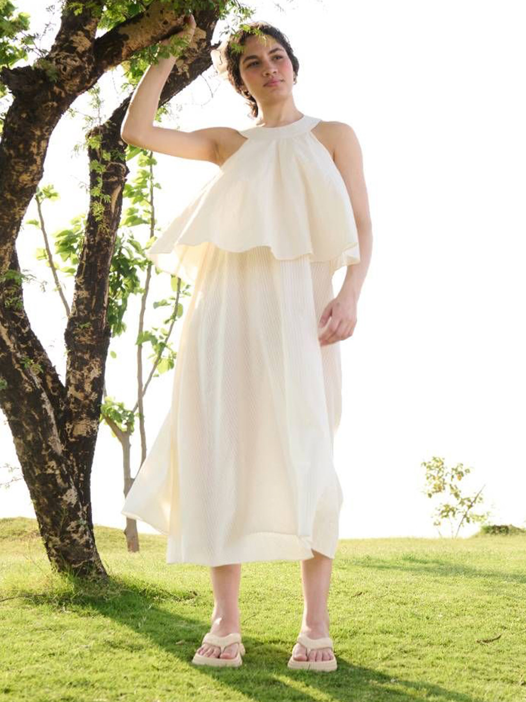 RAAS LIFE Women Striped Boat Neck Cape A-Line Midi Dress