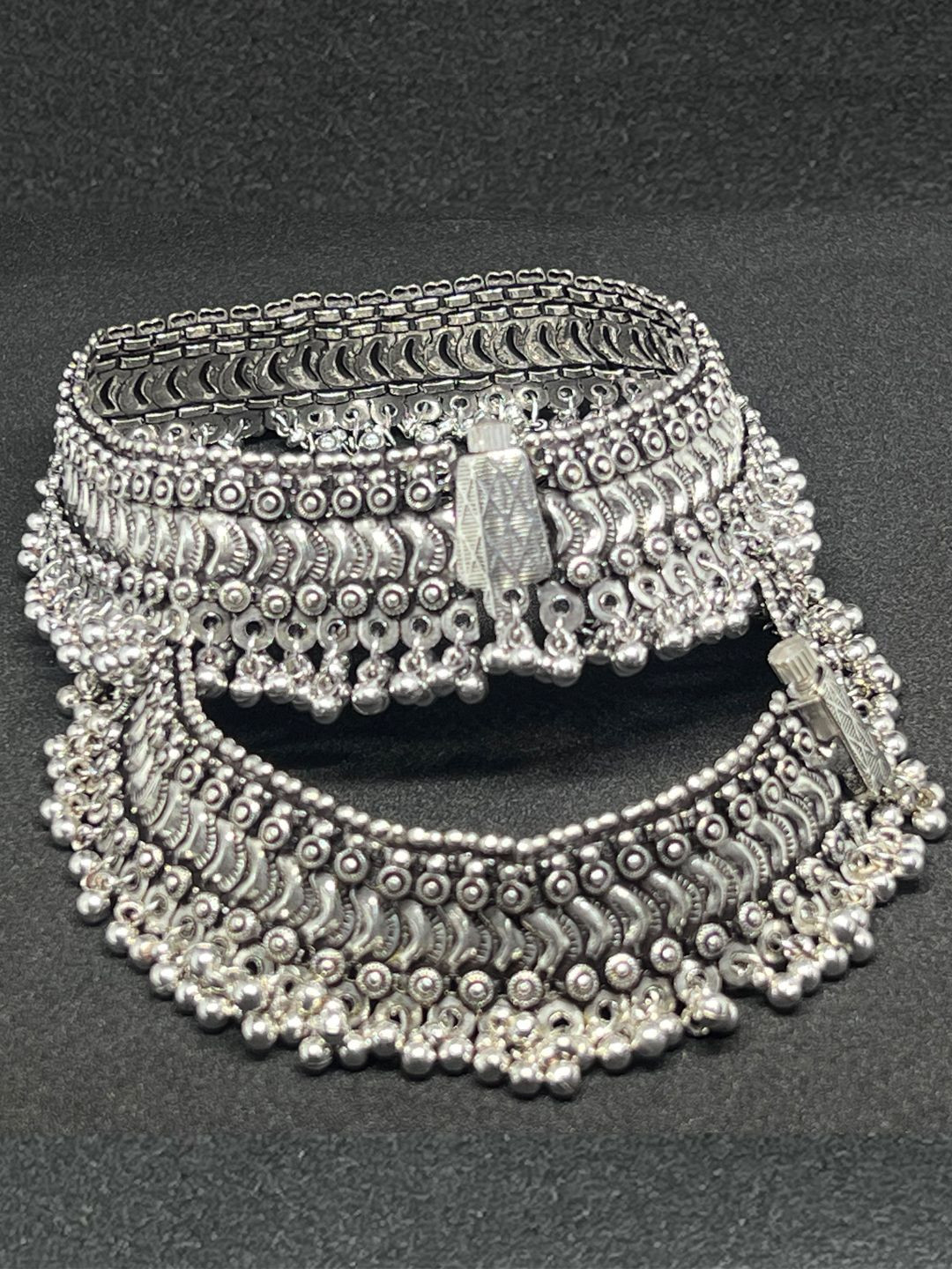 The Style Courtyard Silver-Plated Ghungroo Beaded Oxidized Anklets