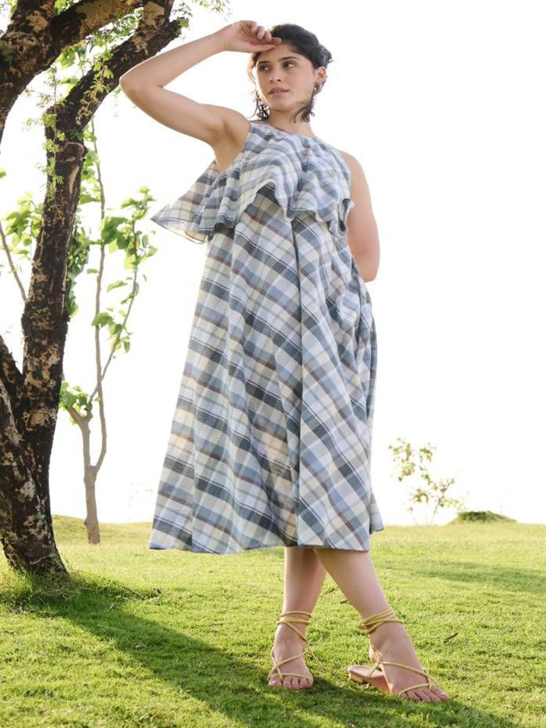 RAAS LIFE Women Checked Boat Neck Cotton A-Line Dress