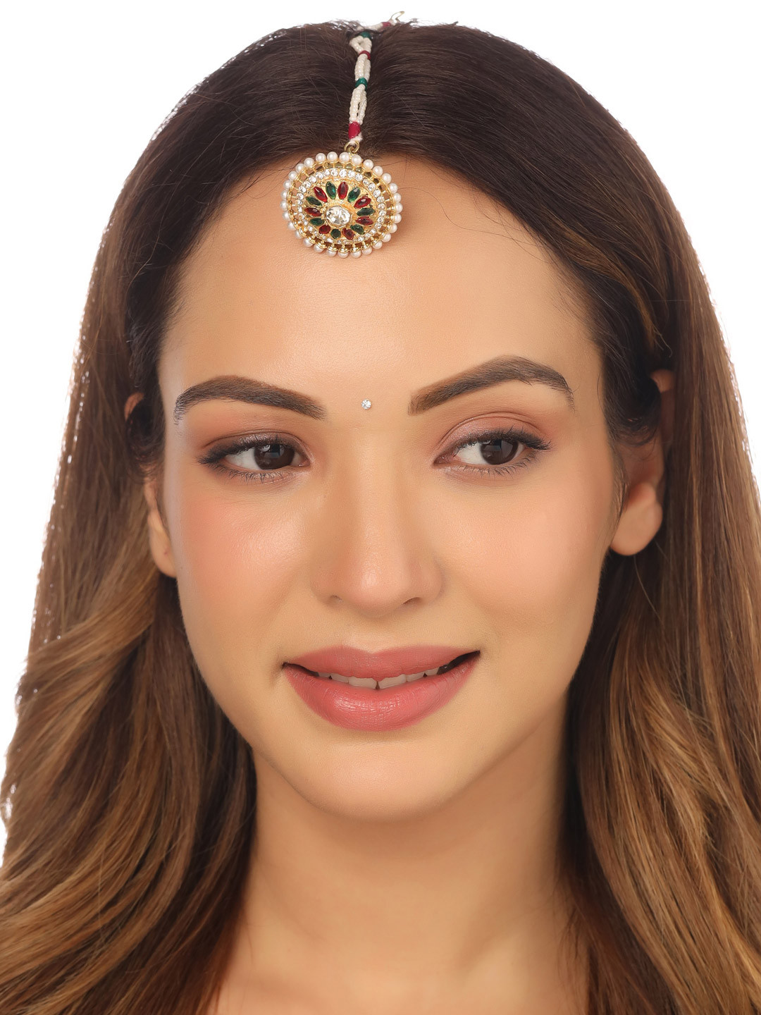 NVR Gold Plated Kundan Studded & Beaded Borla Maang Tika