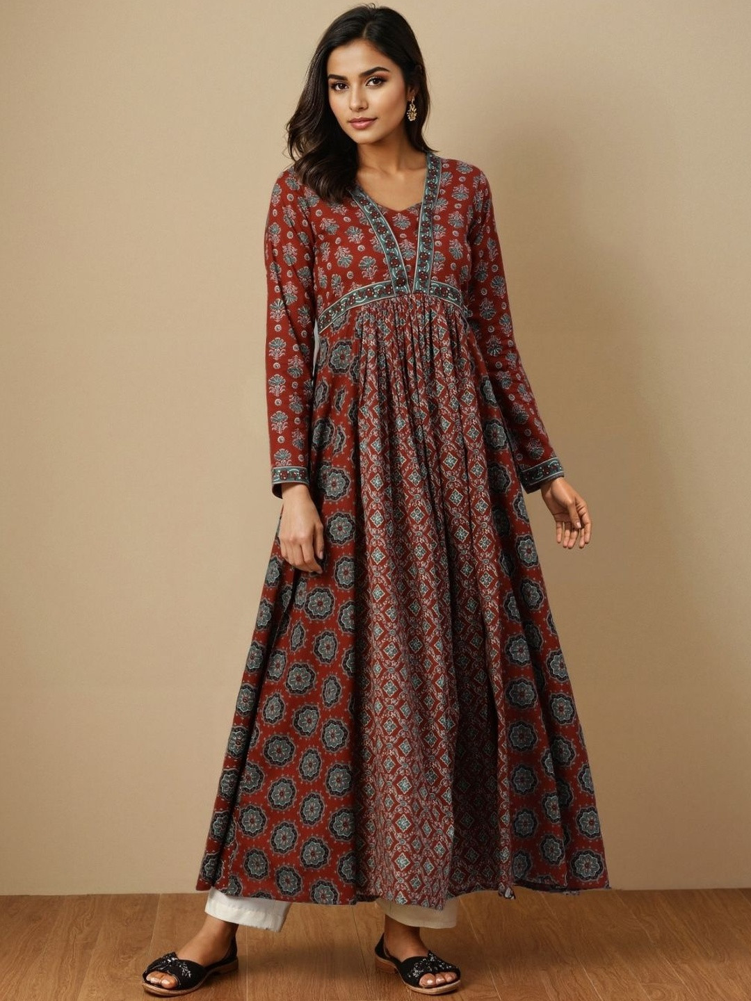 SZN Women Maroon Cotton Floral Print Anarkali Stitched Kurta