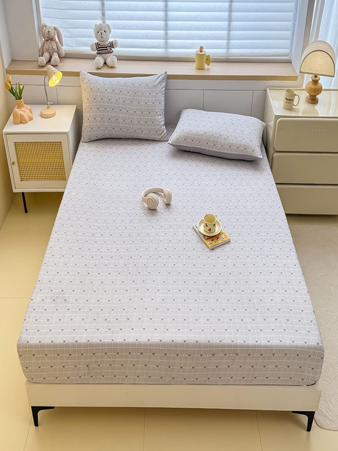 JC HOME Grey Conversational 140 TC Fitted Super King Fitted Bedsheet Set -1.80m x 2m