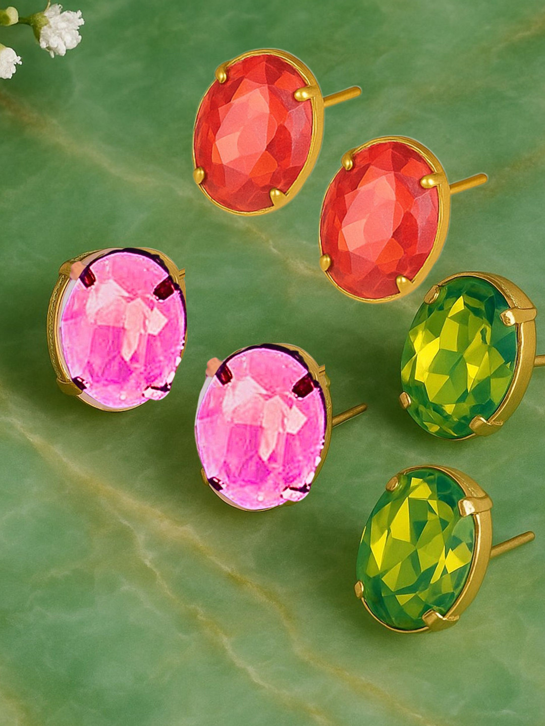 ORANGENYSHA Set Of 3 Gold-Plated Crystal Studded Oval Shaped Studs